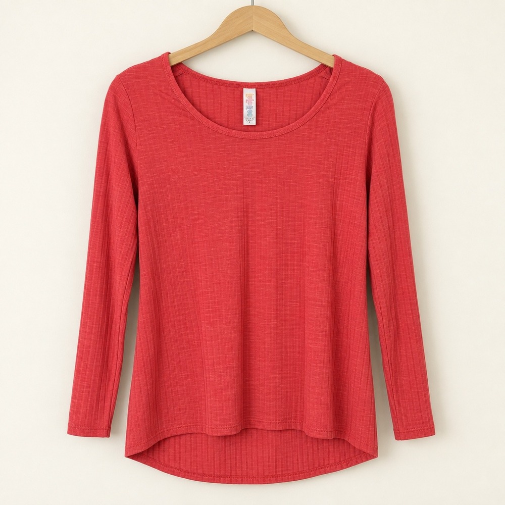 Women Red Ribbed Long Sleeve Scoop Neck High Low Hem Top Size S